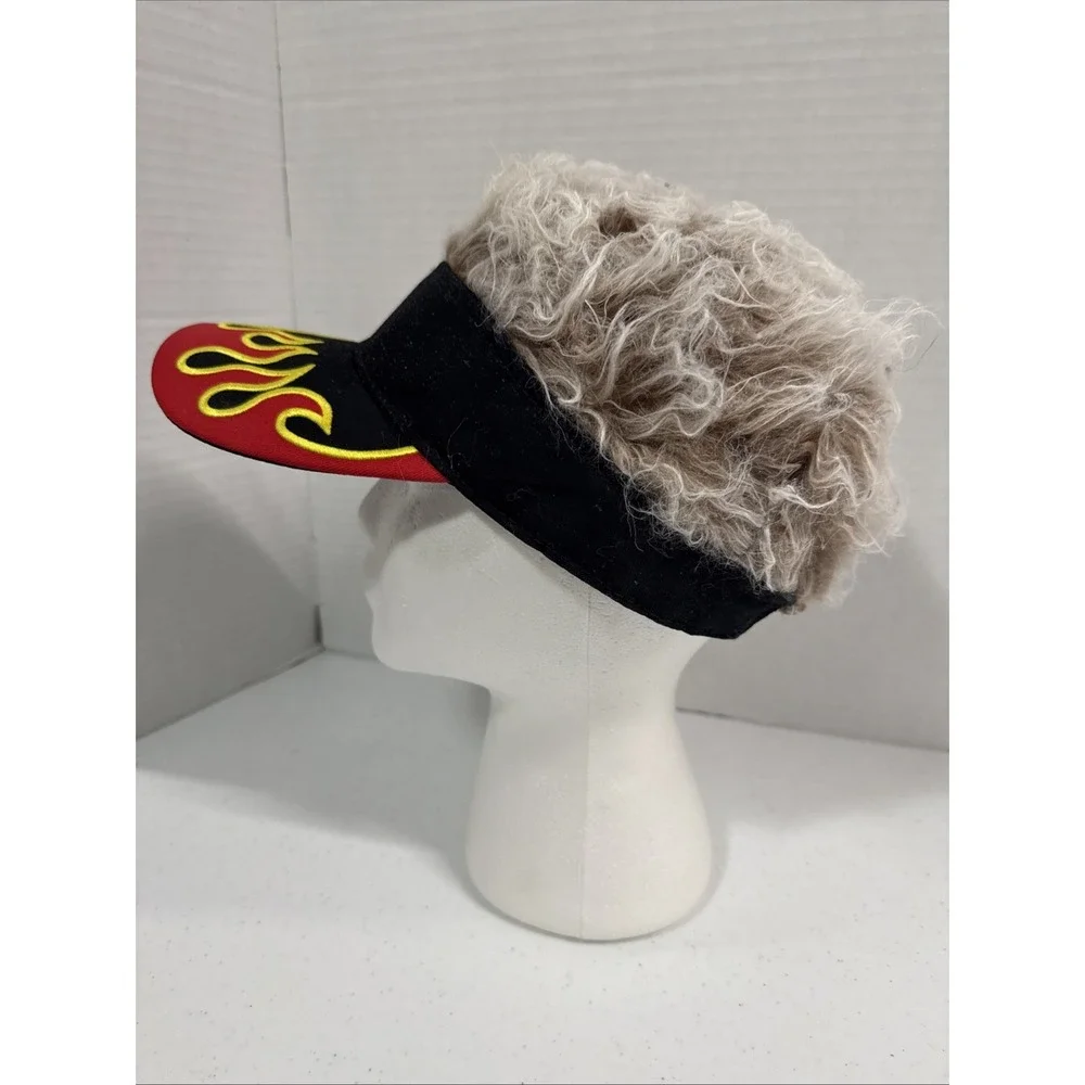 FlairHair Visor Faux Hair Adjustable Black Red Flames Grey Novelty Fun